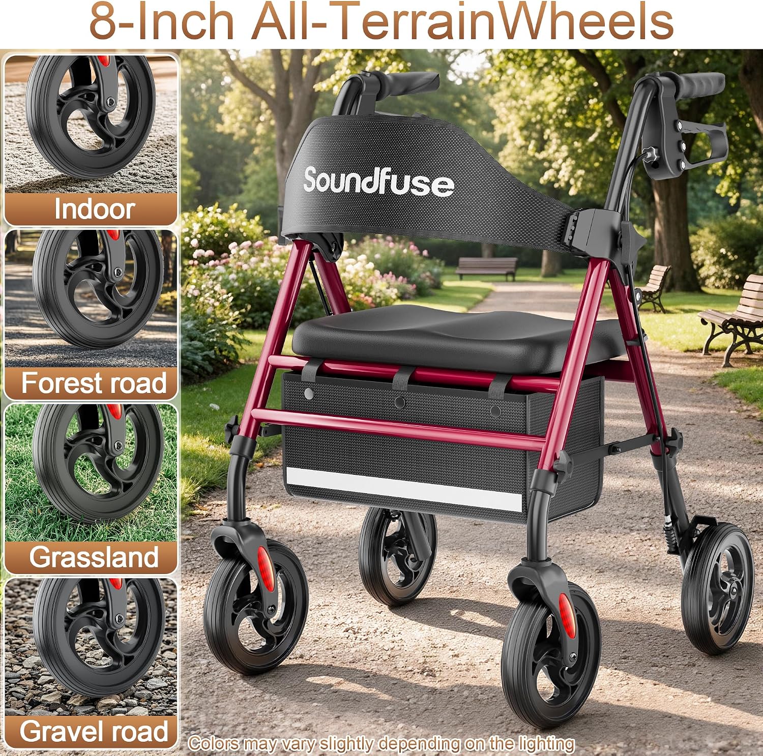 Detalle de soundfuse Foldable Rollator Walker with 16-Inch Arc Seat and 8-Inch Wheels
