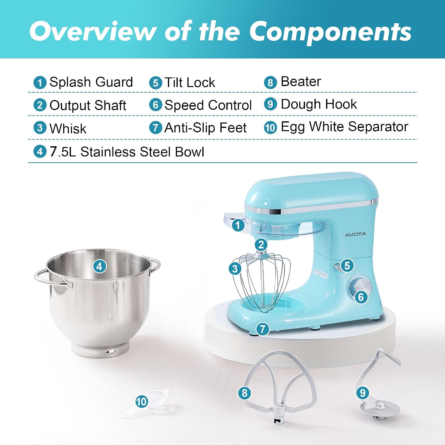 Detalle de Aucma Stand Mixer 7.5L, 1400W kitchen mixer 🥣