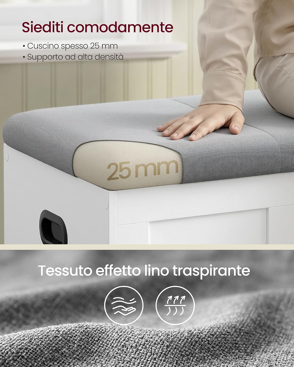 Thumbnail 3 de VASAGLE Cassapanca con Coperchio – Panchina Portascarpe 41 x 81 x 49 cm, Bianco Opaco e Grigio Tortora (LSB067W101)