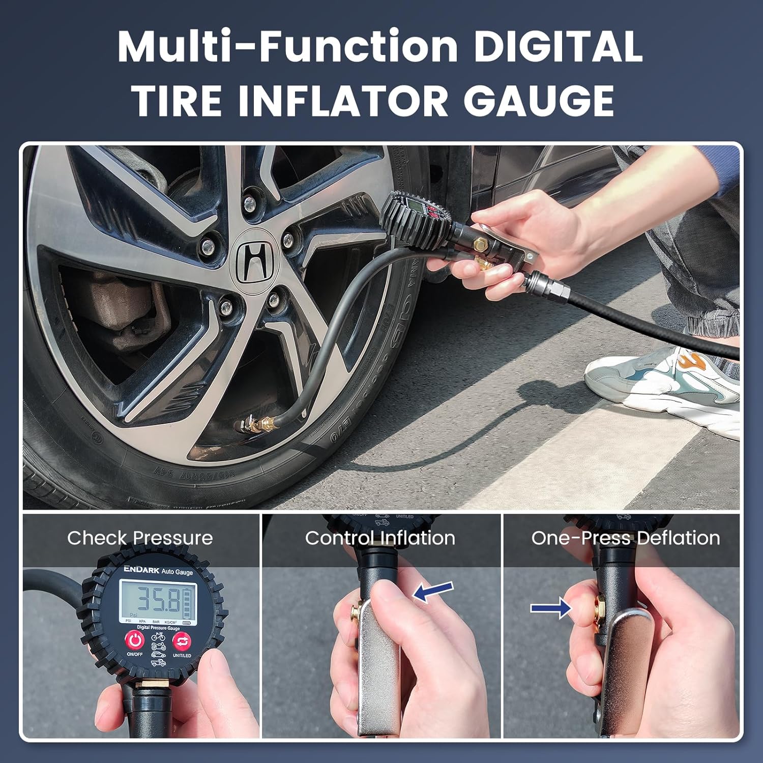 Thumbnail 3 de ENDARK Digital Tire Pressure Gauge with Inflator (250 PSI) — air compressor attachment with 360° chuck, extended hose & carry case
