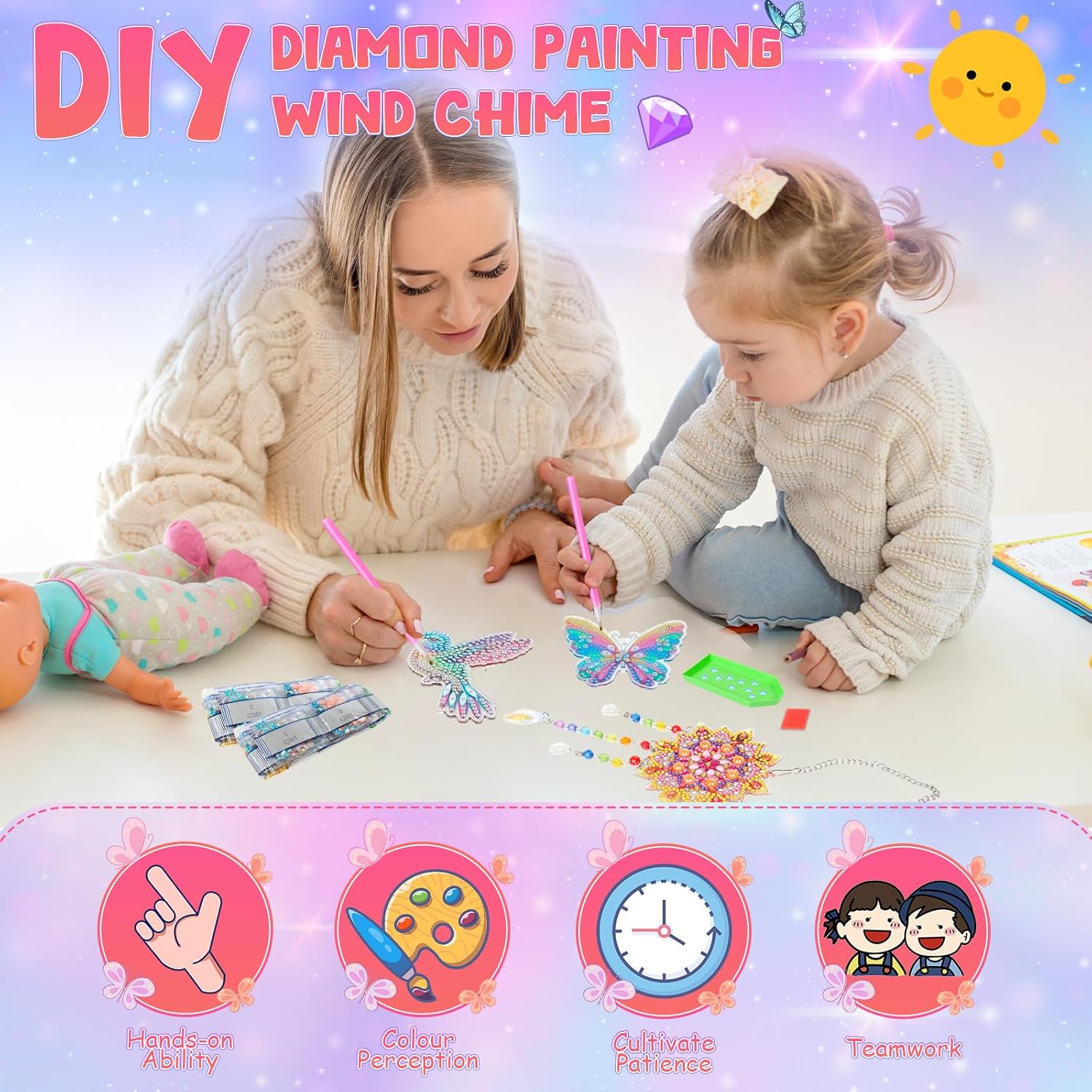 Thumbnail 1 de Jovicos Diamant Painting Kinder Windspiel-Set für Mädchen (6–11 Jahre) mit 3 Motiven