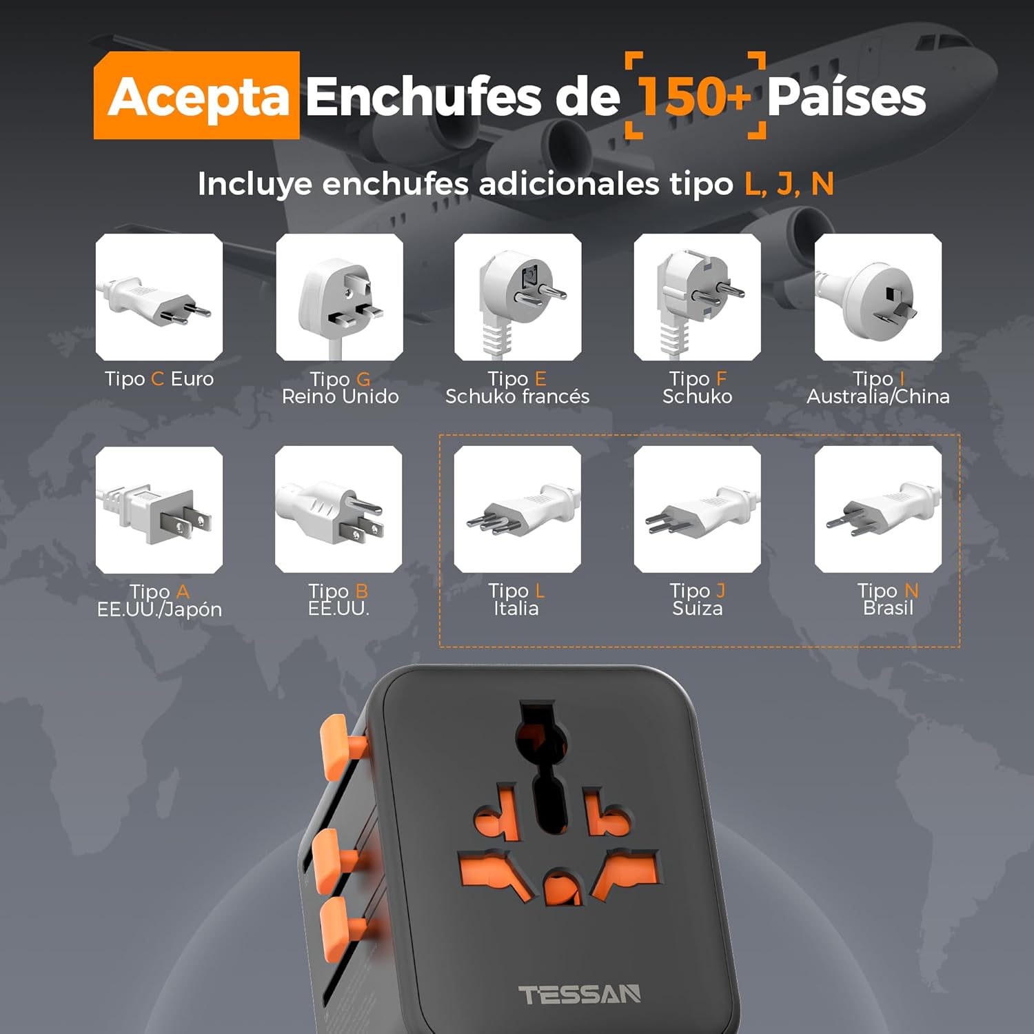 Thumbnail 6 de TESSAN Adaptador de enchufe universal de viaje con cargador: 3 USB-C y 2 USB-A