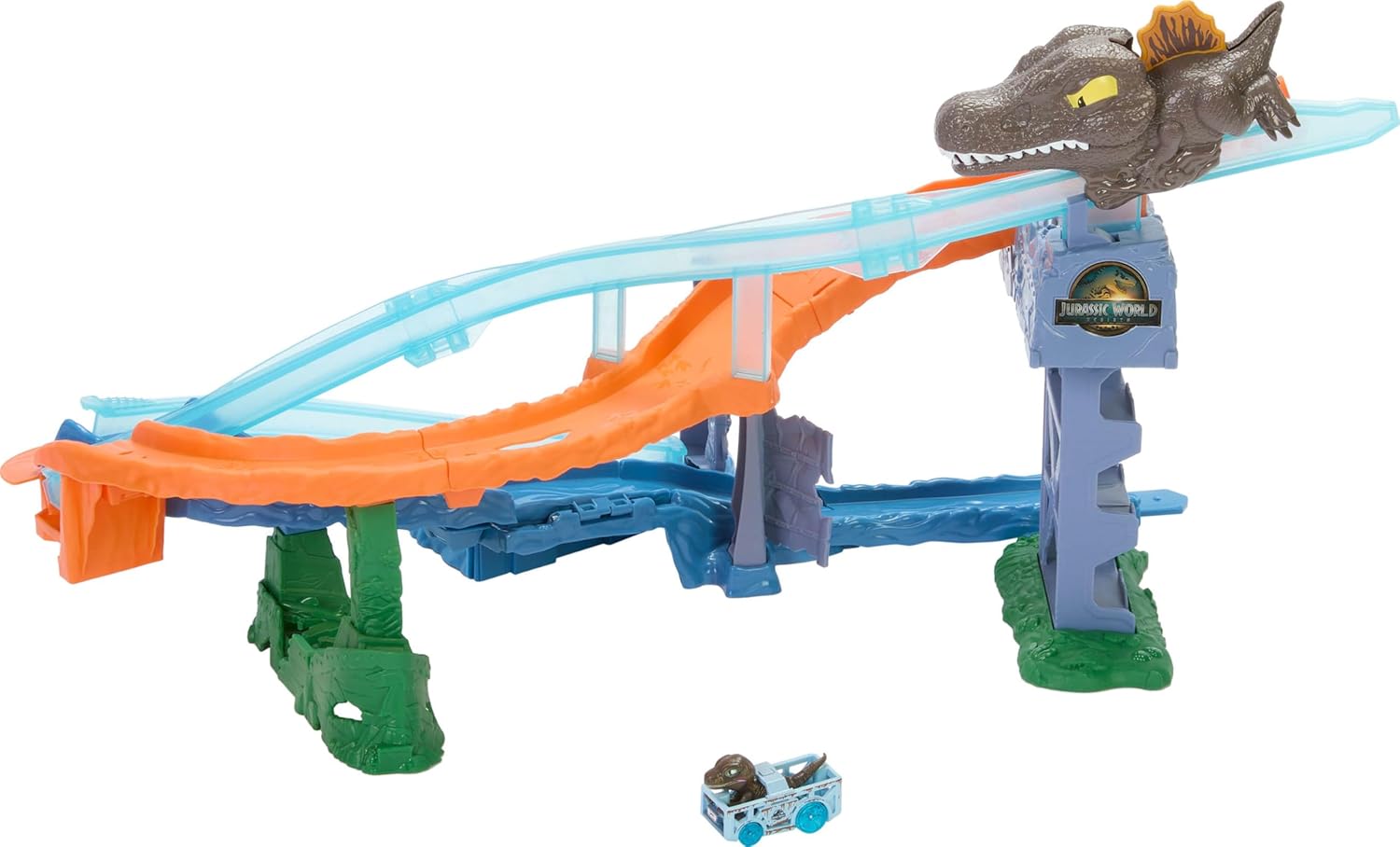 Hot Wheels Coffret Carambolages et Collisions RacerVerse Jurassic World avec piste et véhicule miniature (JFP32)