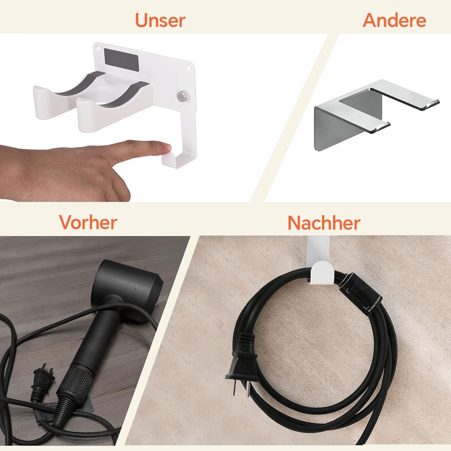 Thumbnail 4 de CHOCHYAH Föhn Halterung ohne Bohren aus SUS304-Edelstahl – Wandhalterung für die meisten Haartrockner (weiß)