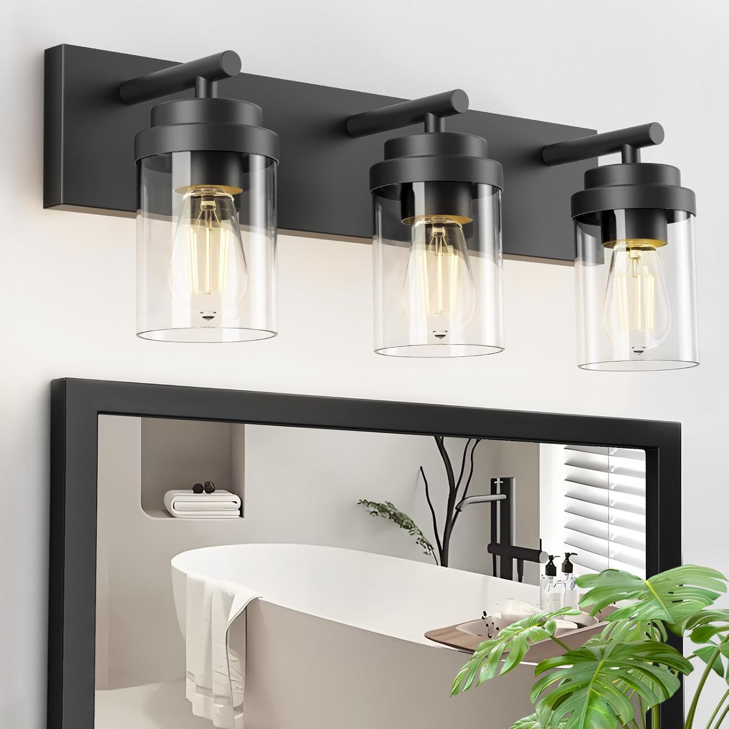 Detalle de IZORRO HL101-3T-CL 3-Light Bathroom Vanity Light, Matte Black, Clear Glass