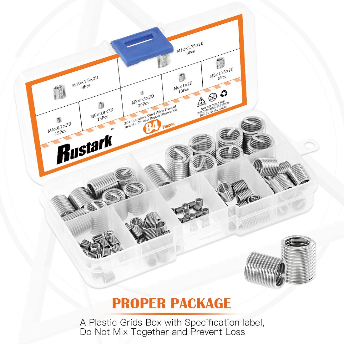 Detalle 2 de Rustark 84 Pcs 304 Stainless Steel Wire Thread Inserts Set (M3–M12)