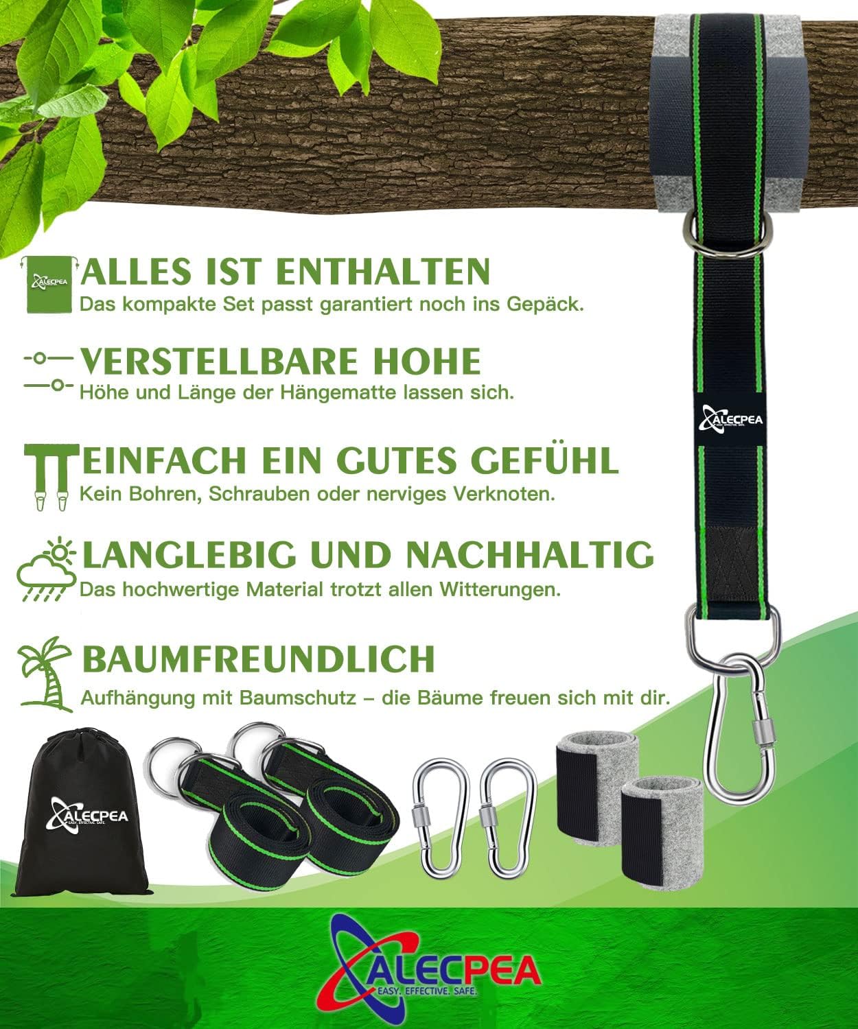 Detalle 2 de ALECPEA 2er-Set Schaukelbefestigung für Hängematten – Nylon-Gurte, Schwerlast-Karabiner und D-Ringe