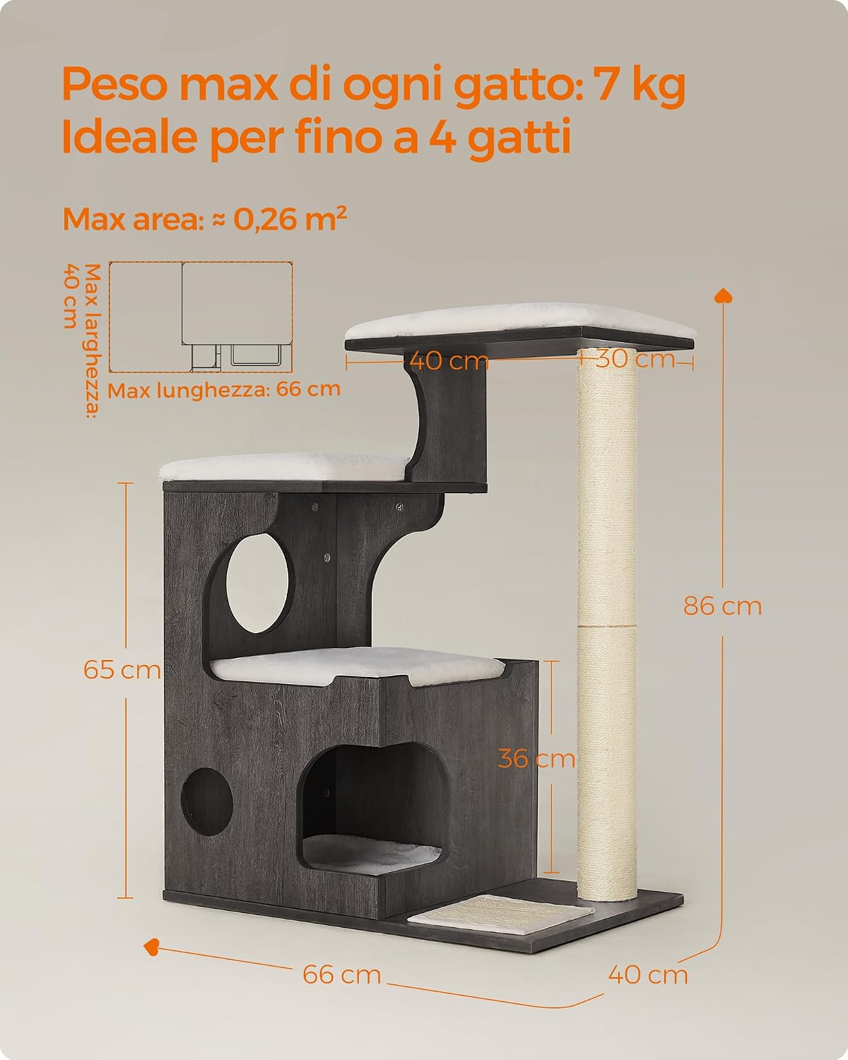 Thumbnail 6 de Feandrea Tiragraffi, Albero per Gatti di Truciolato Alto 86 cm con Grotta, Postiovaie e Collone in Sisal – Grigio Nebbia