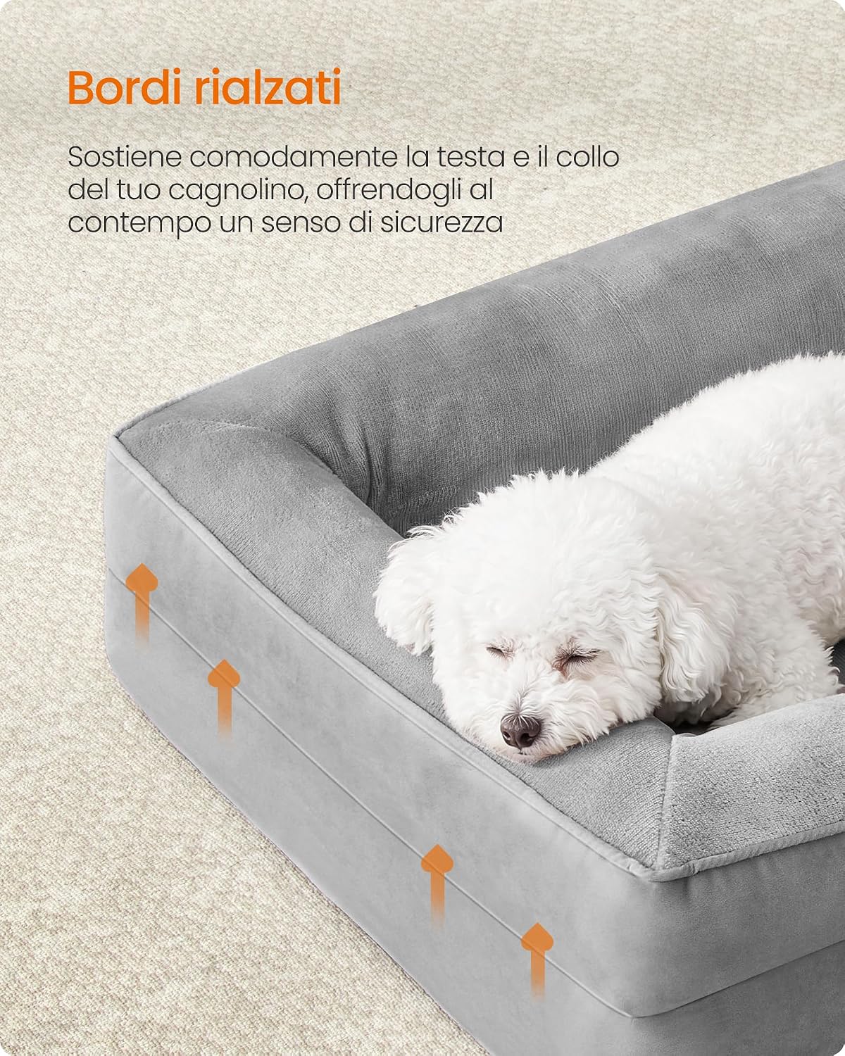 Detalle 2 de Feandrea Cuccia Ortopedica per Cani M – Letto con Bordo Rialzato, 76x51x16 cm, Grigio Tortora