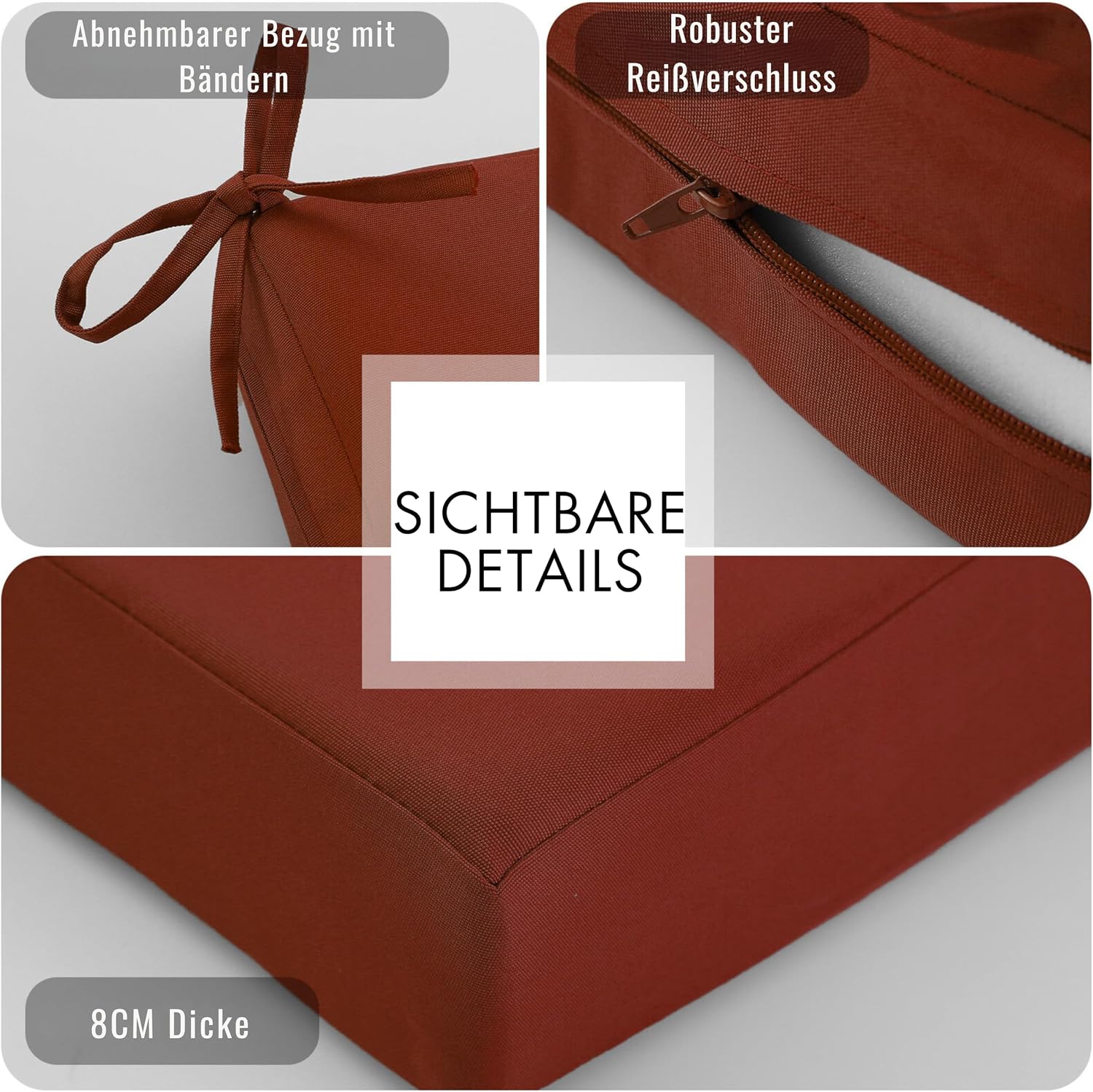 Detalle de PRIMEPATIO Stuhlkissen 45x45 cm – 2er Set für den Außenbereich, wasserdicht, Memory-Schaum, Ziegelrot