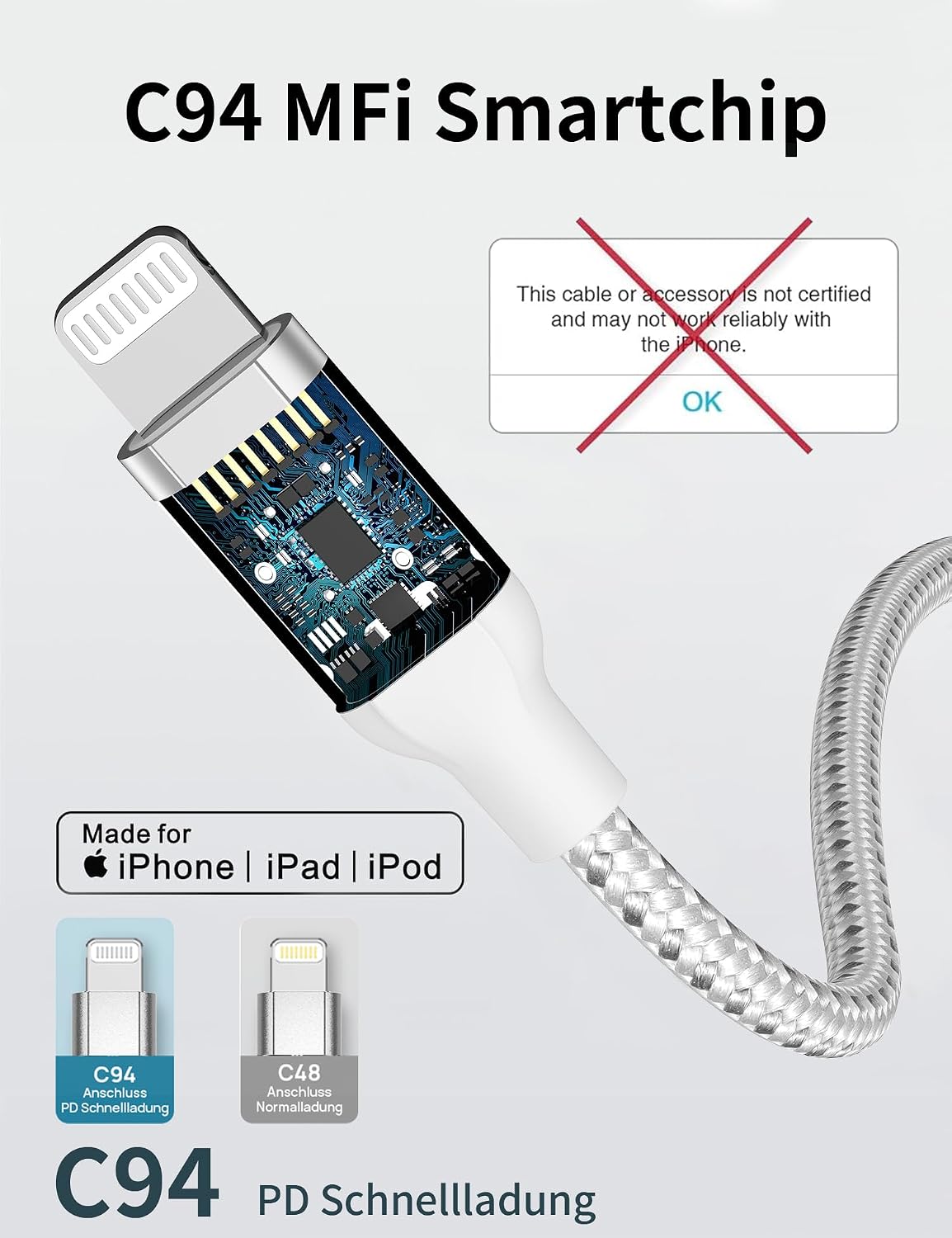 Detalle de Acecene USB‑C auf Lightning Kabel 1 m (2er‑Set) mit MFi & Power Delivery, silber