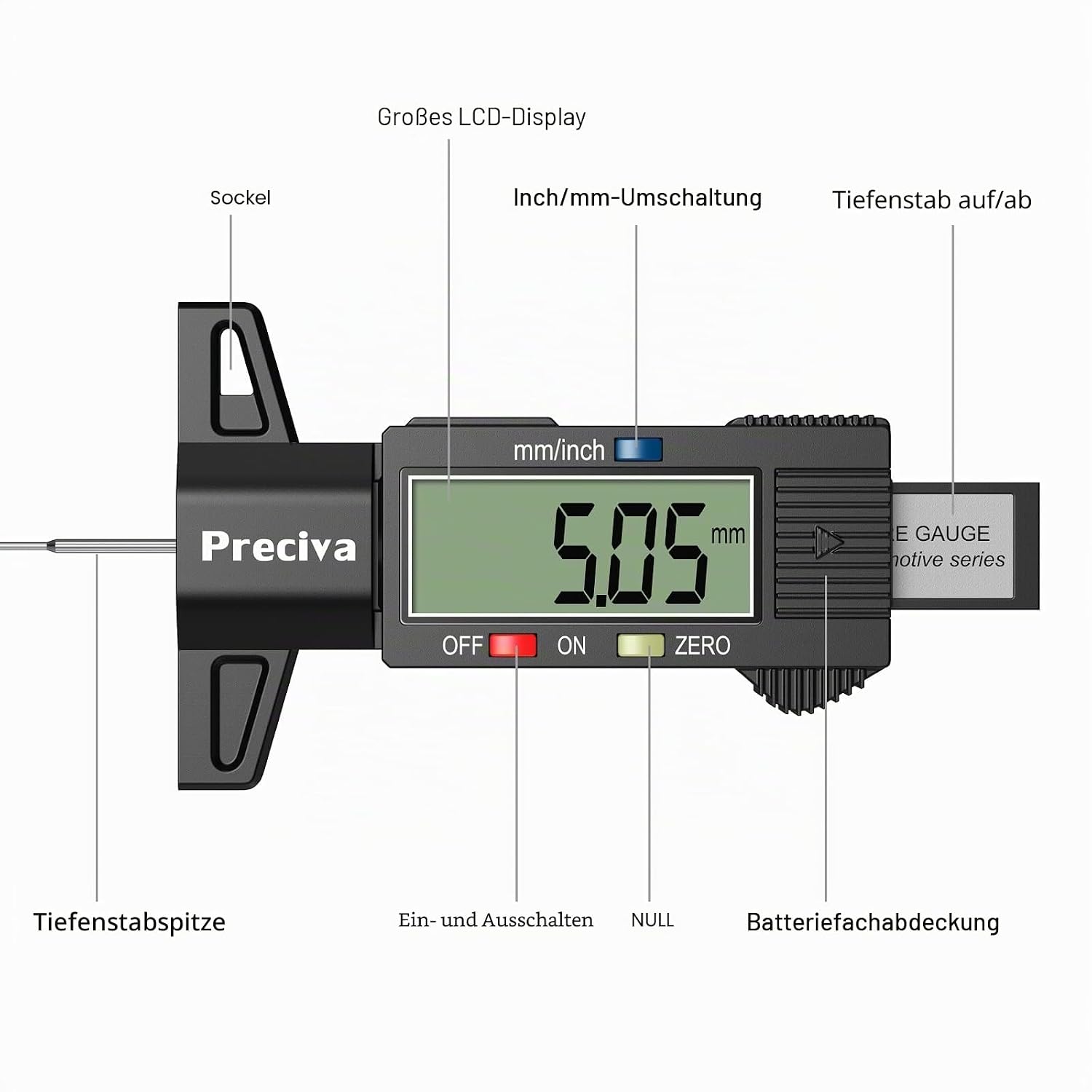 Thumbnail 5 de Preciva Reifen-Profilmessgerät Profiltiefenmesser 0–25 mm mit LCD-Display und Ersatzbatterie