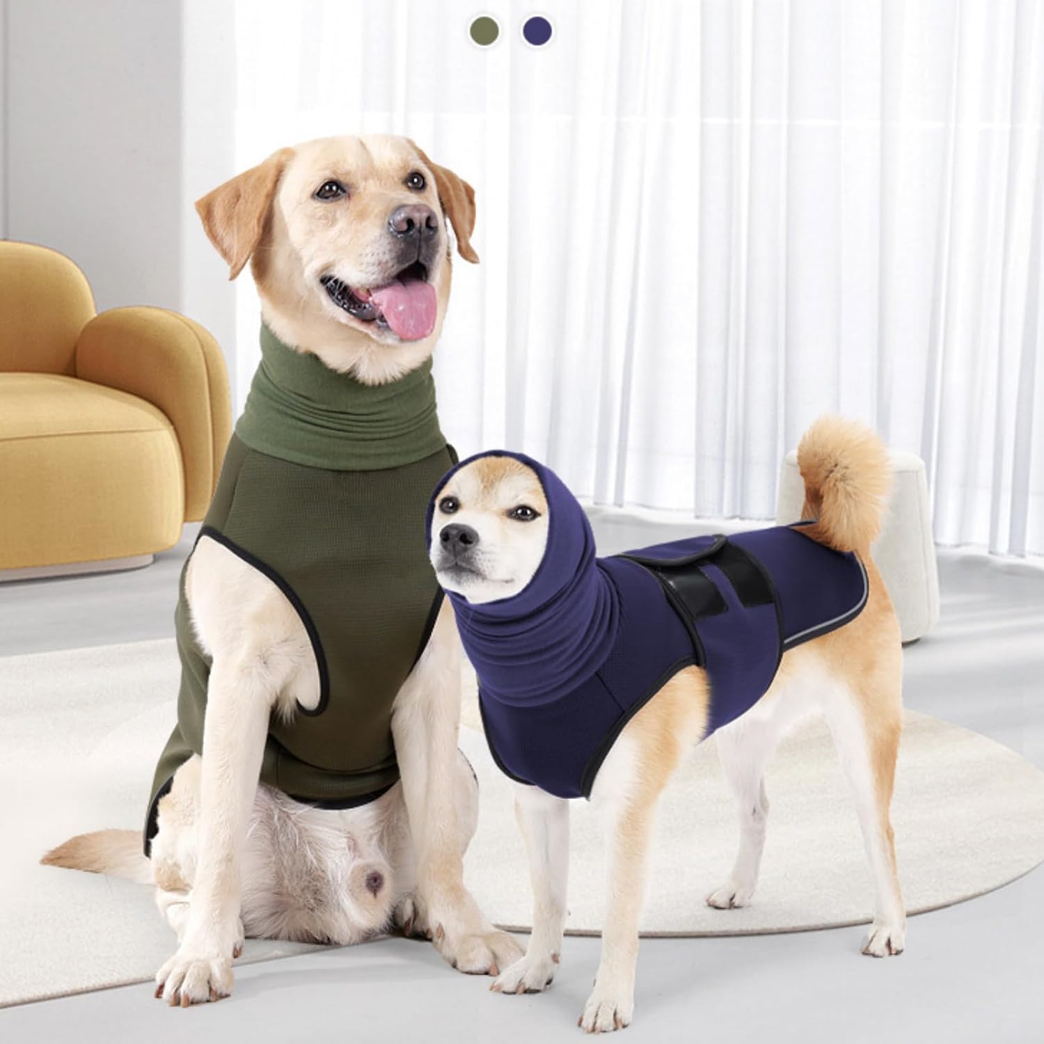 Detalle de Yanmucy 2-in-1 Dog Calming Coat with Snood and Reflective Hoodie Earmuffs (Blue, Large) – Anxiety Relief Jacket