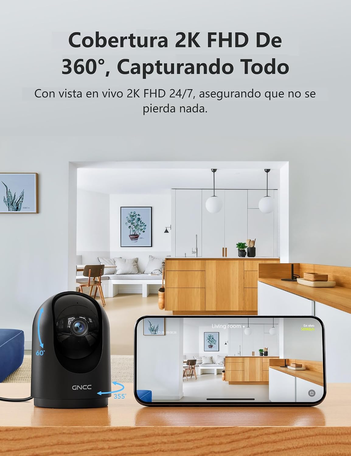 Detalle de GNCC 2K Cámara Vigilancia WiFi Interior para Mascotas: 360° de seguimiento, visión nocturna y audio bidireccional