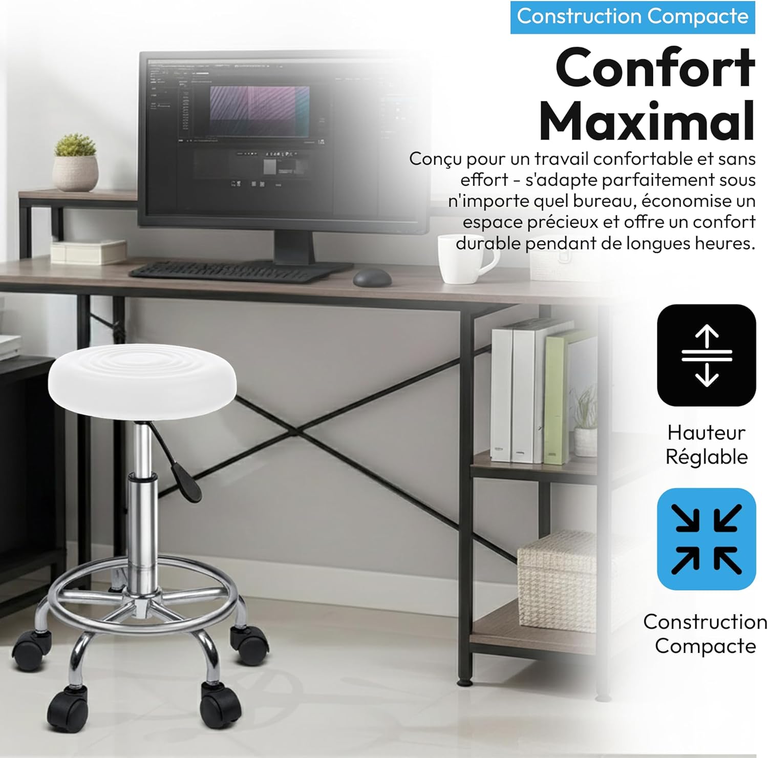 Thumbnail 5 de GOODS+GADGETS Ergonomie tabouret de travail enroulable pivotant, hauteur réglable (blanc)