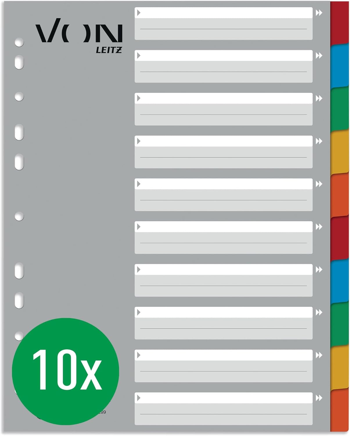 Detalle de VON LEITZ Register A4 – 10er Pack, 6-teilig, extra breit, 11-Loch Universalregister, 100% Recycling-Karton, Mehrfarbig (12950000)