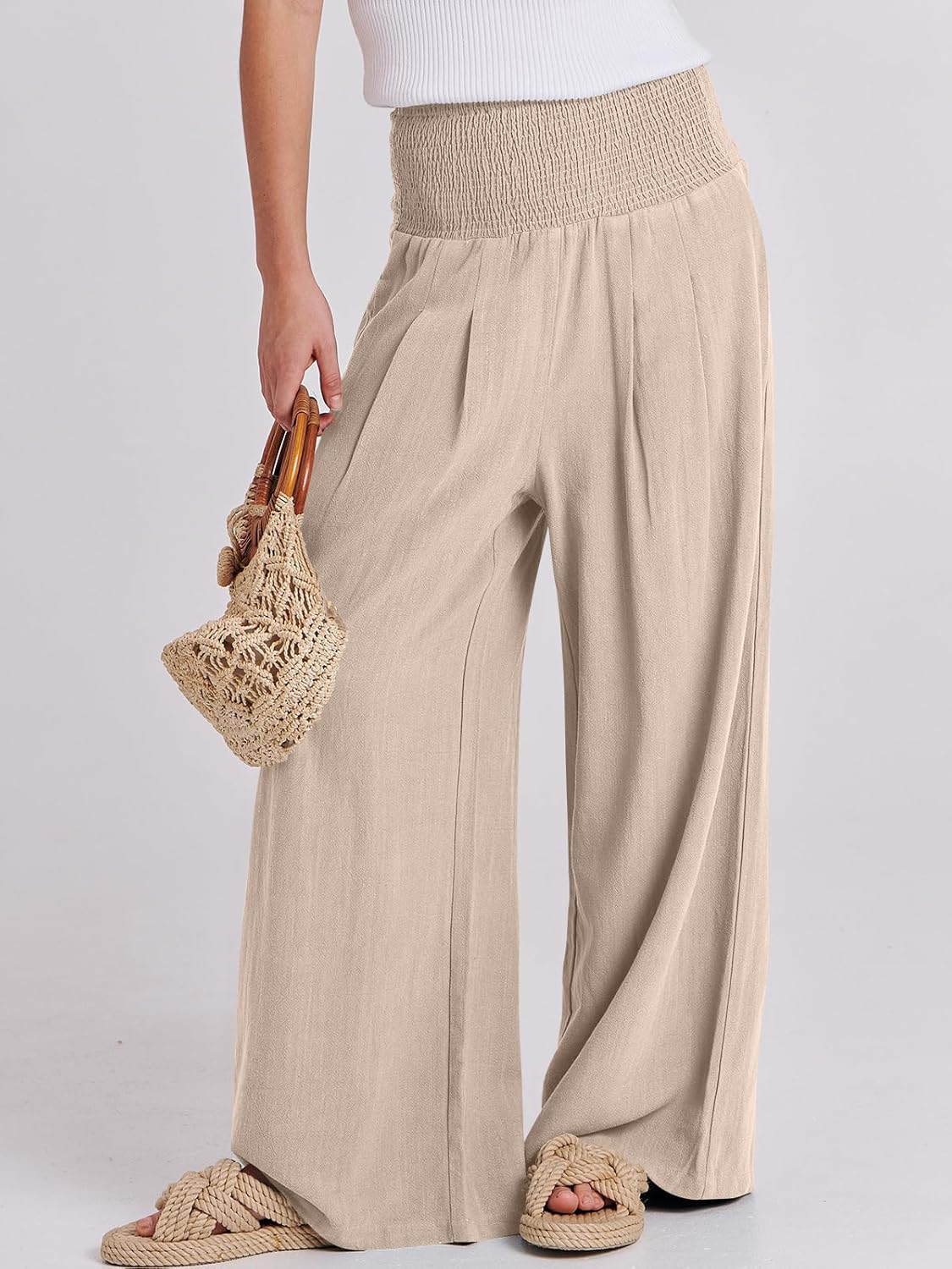Thumbnail 1 de ANRABESS Women’s Linen Palazzo Pants with Shirred High Waist and Pockets