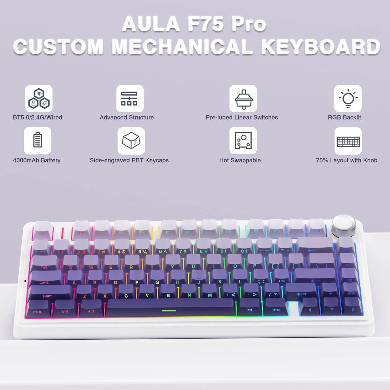 Thumbnail 1 de AULA F75 Mechanische Gaming-Tastatur – 75% Layout, Hot-Swap, RGB, kabelgebunden/2,4 GHz/BT5.0