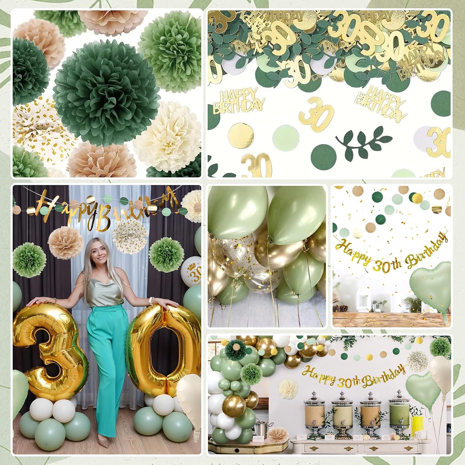 Thumbnail 2 de 30th Birthday Green & Gold Balloon Decoration Set for Women & Men