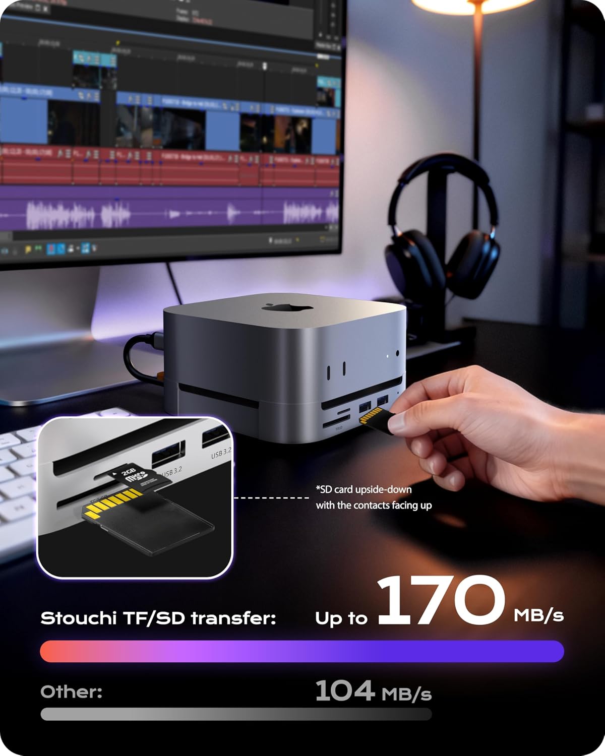 Detalle de Stouchi Mac Mini M4 Dock: 8TB SSD Enclosure, 8-Port Hub & Power Button for a Neat Mac Mini Setup