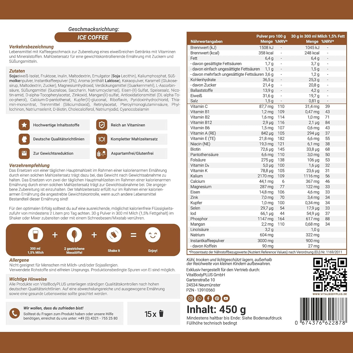 Thumbnail 1 de VitalBody+ DailyShake Ice Coffee (450 g) – kalorienarmer Mahlzeitenersatz mit 250 kcal pro Shake