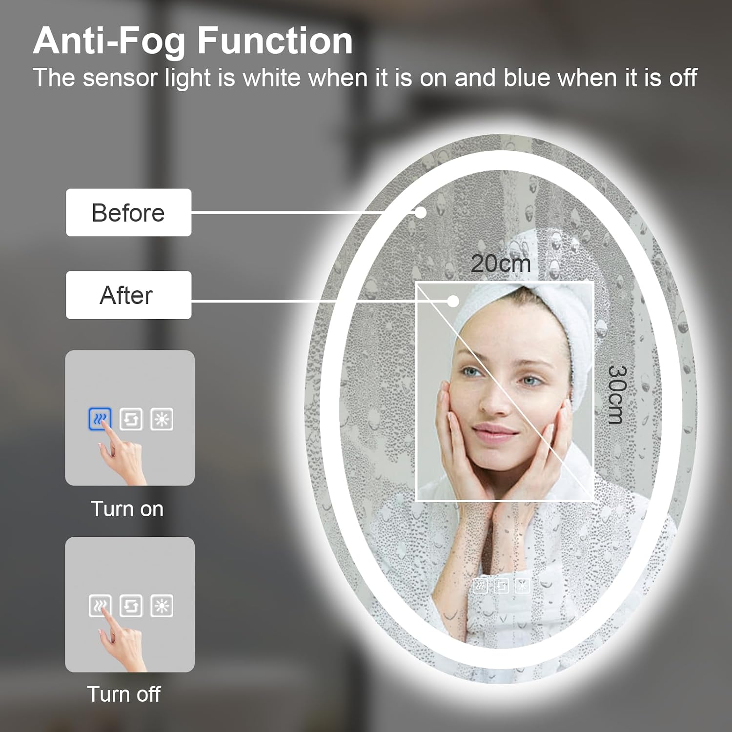 Detalle 1 de furduzz Oval LED Bathroom Mirror, 500 x 700 mm, Dimmable with 3 Light Colours