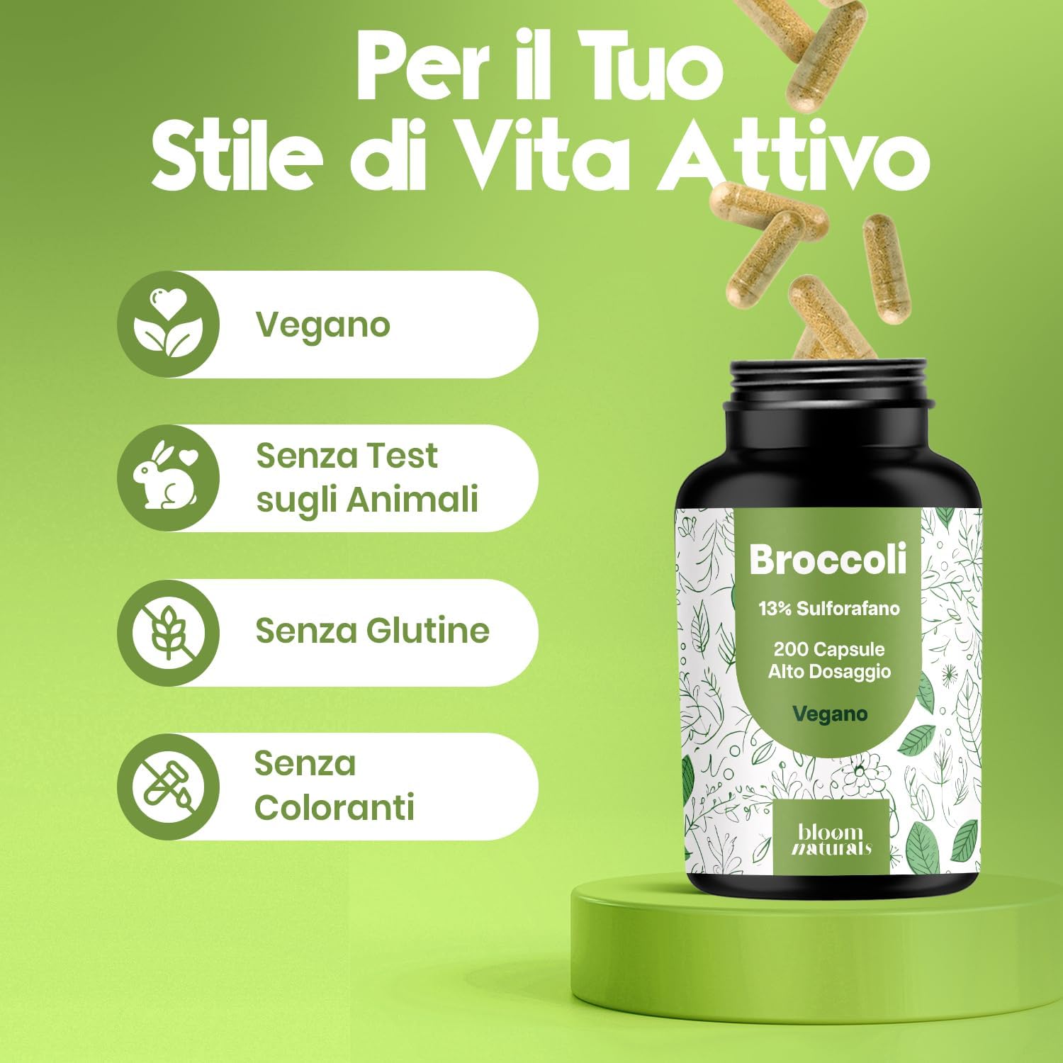 Detalle de Broccoli - Estratto di Broccoli 1000 mg con Sulforafano 130 mg (13%) - 200 Capsule Vegano, Prodotto in Germania
