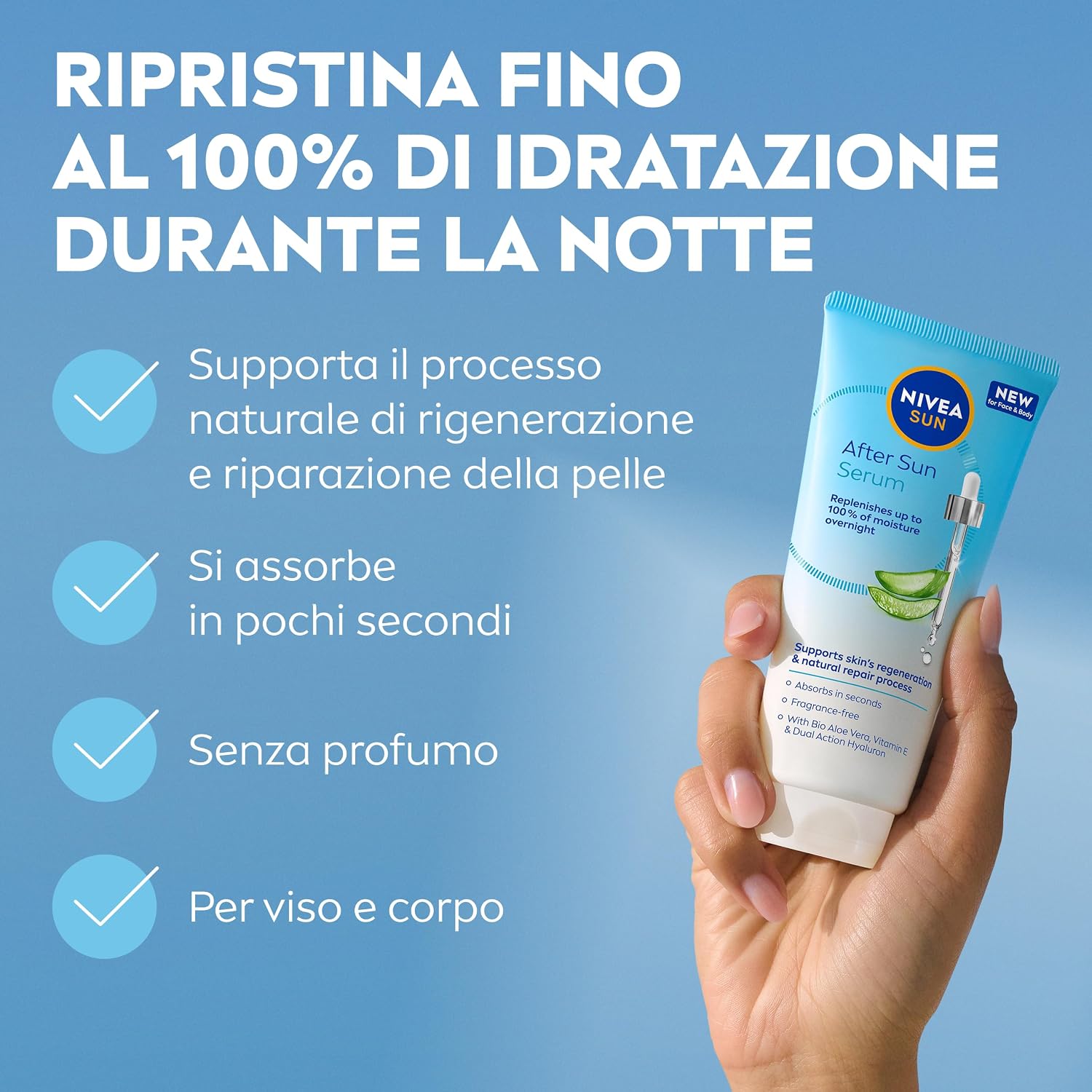 Detalle 2 de NIVEA SUN Siero Doposole 100 ml (viso e corpo) senza profumo, con Aloe Vera Bio, Vitamina E e Acido Ialuronico