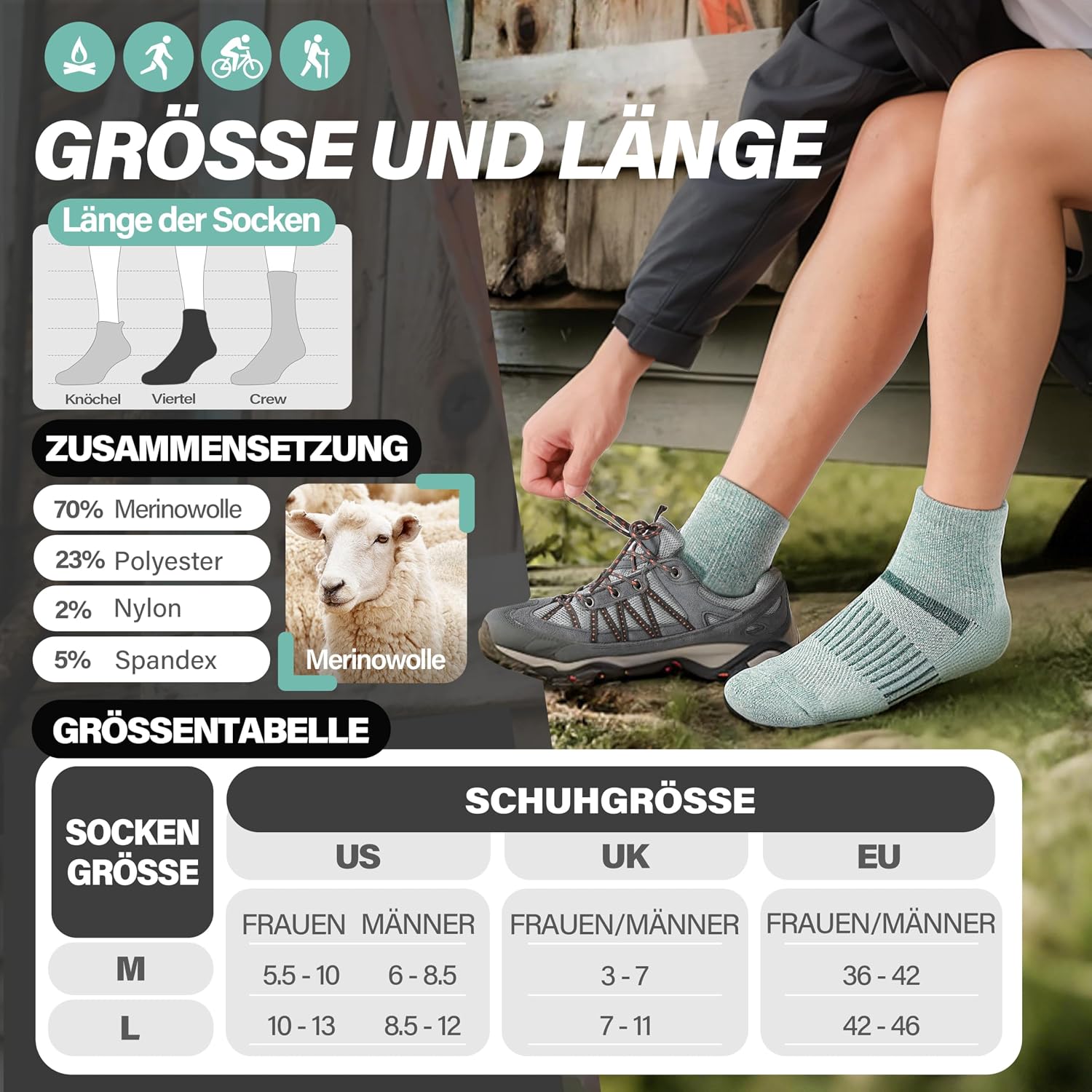 Thumbnail 4 de MOSEY KOSY Merino Kurz Viertellänge Wandersocken