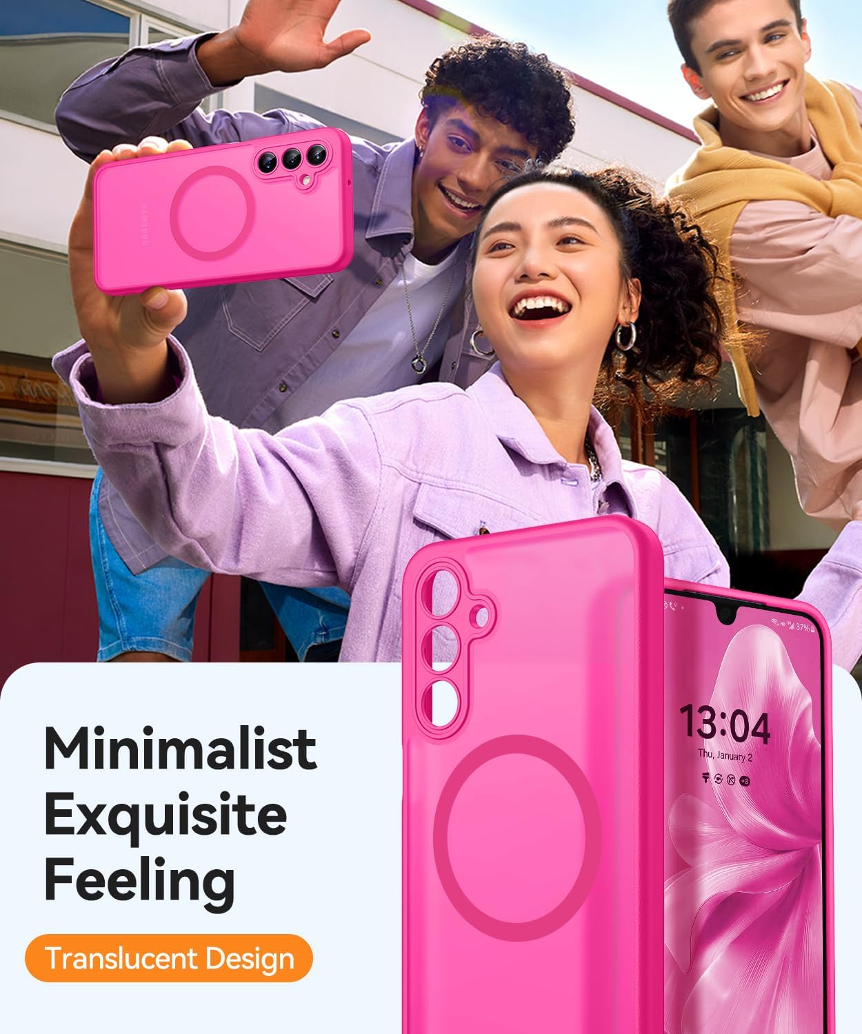 Thumbnail 2 de Coque magnétique CANSHN pour Samsung Galaxy A16 (6,7 pouces) – fond mat translucide rose vif