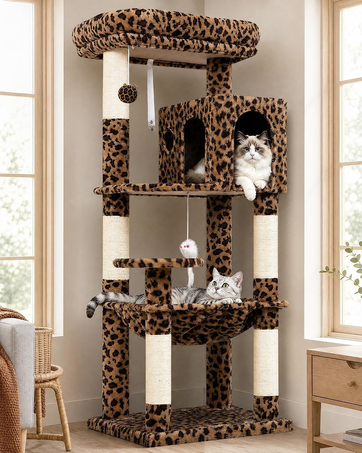 Detalle de Globlazer F53 Leopard Print Cat Tree with Sisal Posts, Hammock and Condo