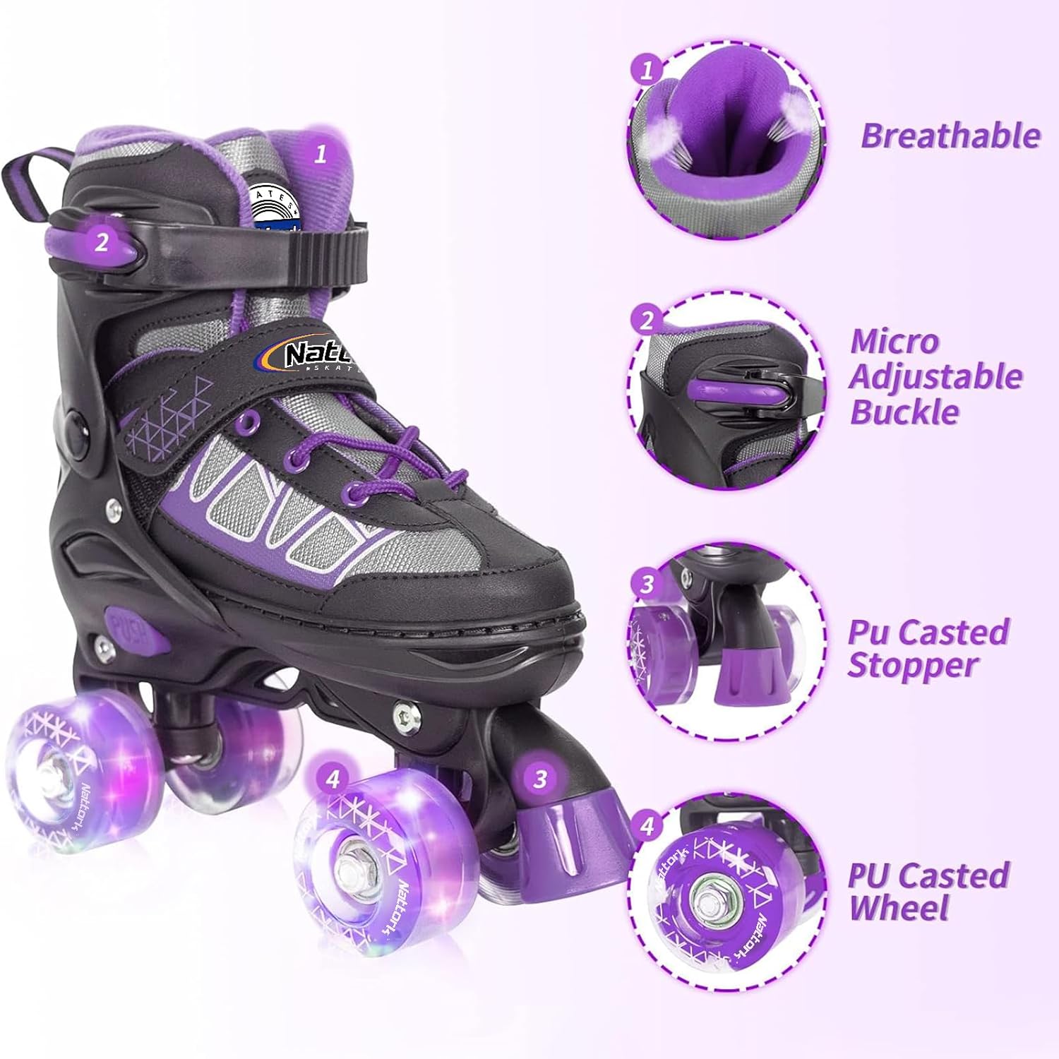 Thumbnail 2 de Nattork Adjustable Roller Skates for Kids (4 Size Adjustable) with Light-Up Wheels