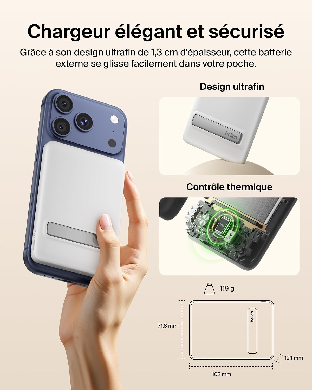 Detalle de Belkin BoostCharge Batterie Externe Qi2 15 W – Chargeur Portable Magnétique 5 000 mAh