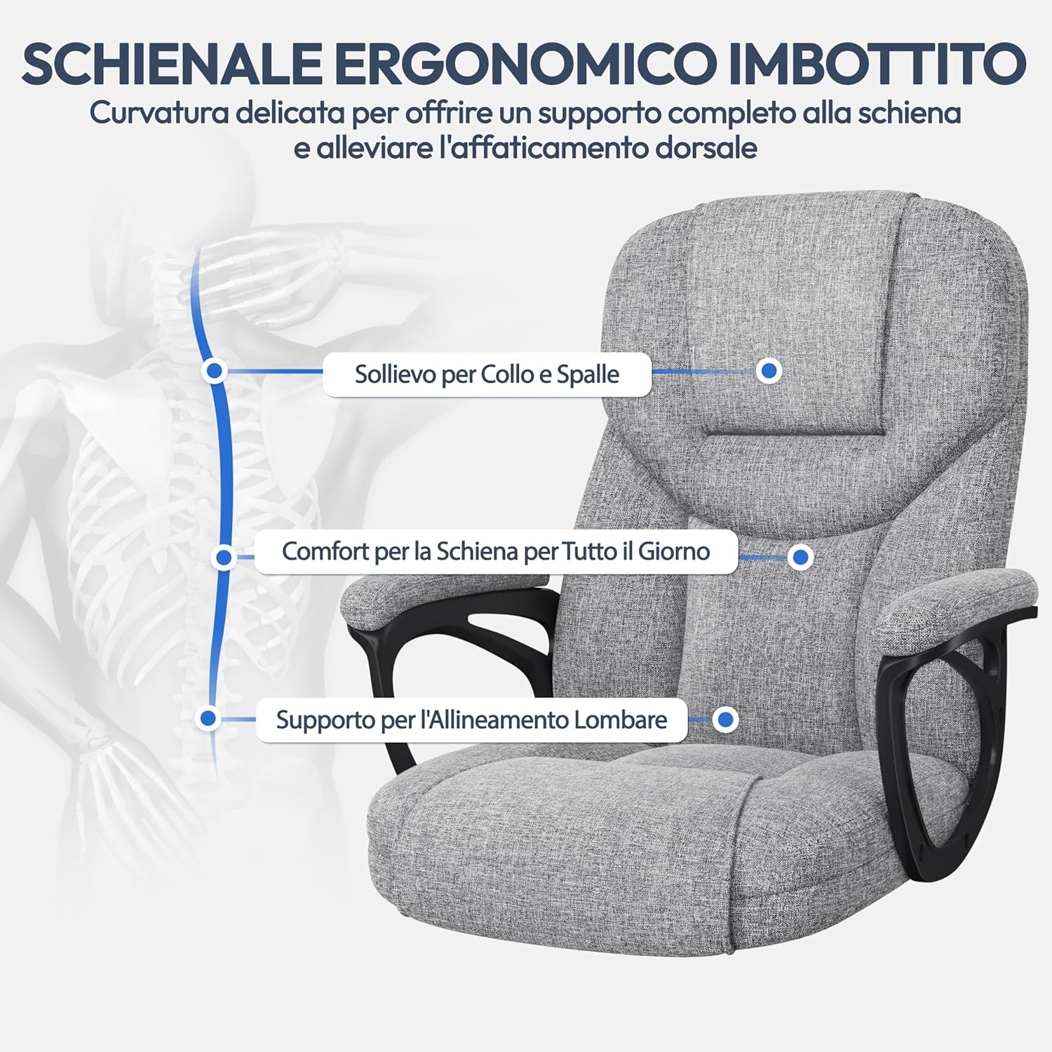 Detalle de Yaheetech Sedia Ufficio Ergonomica con Schienale Alto in Tessuto e Ecopelle Grigio – Rotelle, Altezza Regolabile