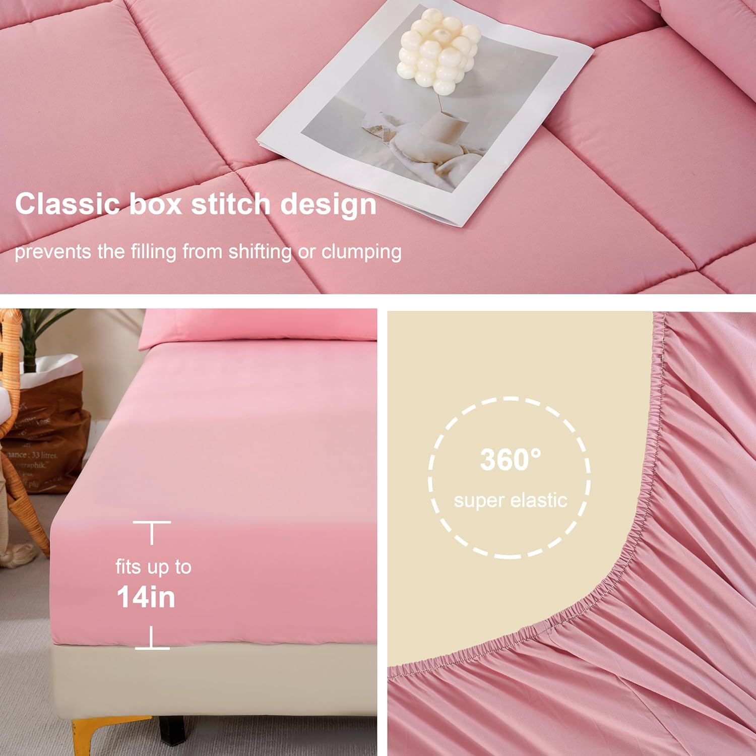 Detalle 2 de DOWNCOOL 1 Queen Comforter Set, 7-Piece Pink Microfiber Bedding
