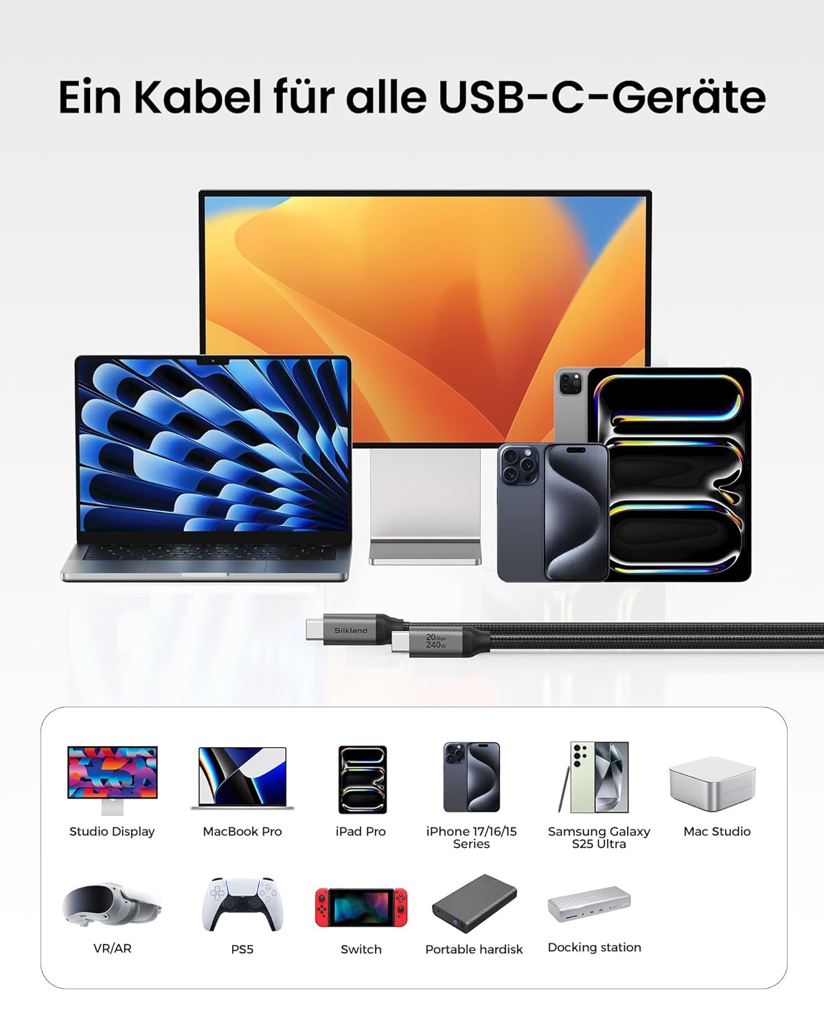 Thumbnail 6 de Silkland USB C 3.2 Gen2×2 Kabel 1 m — 20 Gbps Datenkabel