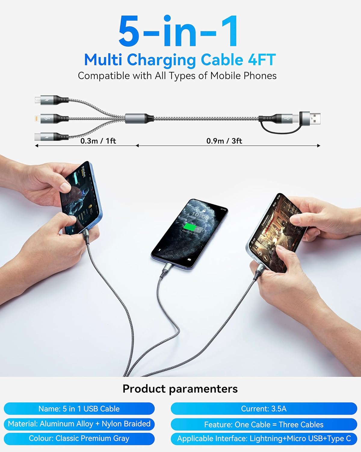 Thumbnail 6 de UZAHSK 5-in-1-Multiladekabel mit Datenübertragung – 1,2 m USB-A zu USB-C/Lightning/Micro-USB