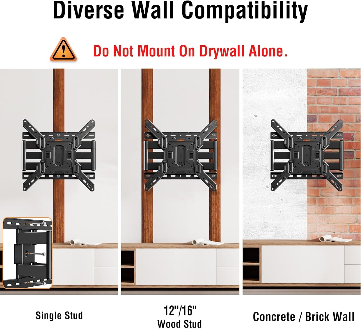 Detalle de ELIVED Ultra Slim TV Wall Mount for 26-60 Inch TVs — Full Motion, 1.3" Flush Mount with 14" Extension