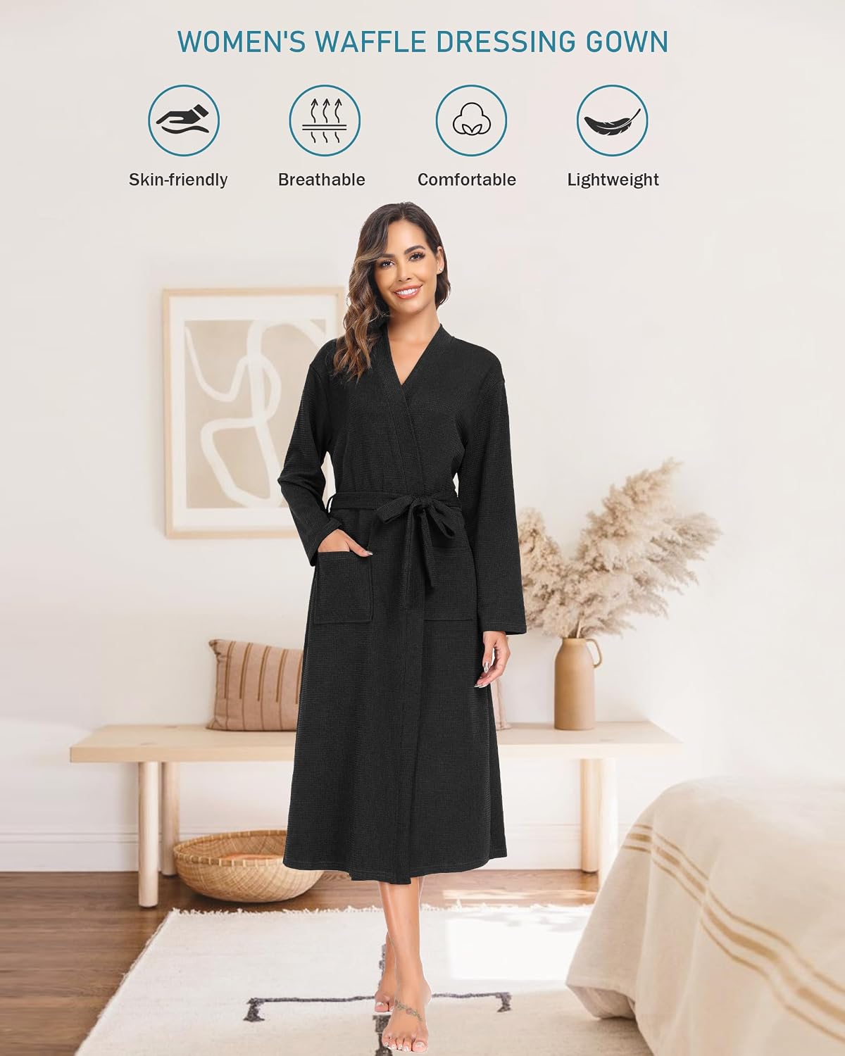 Thumbnail 3 de Sopesil Peignoir en coton pour femme (kimono de nuit) à col V et longues manches, avec poches