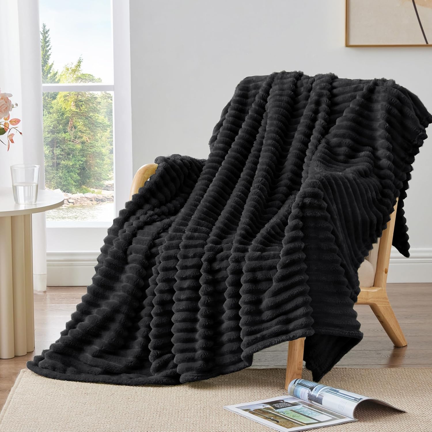 Thumbnail 6 de BEDELITE Fluffy Fleece Throw Blanket, Striped – 127x152cm, Black
