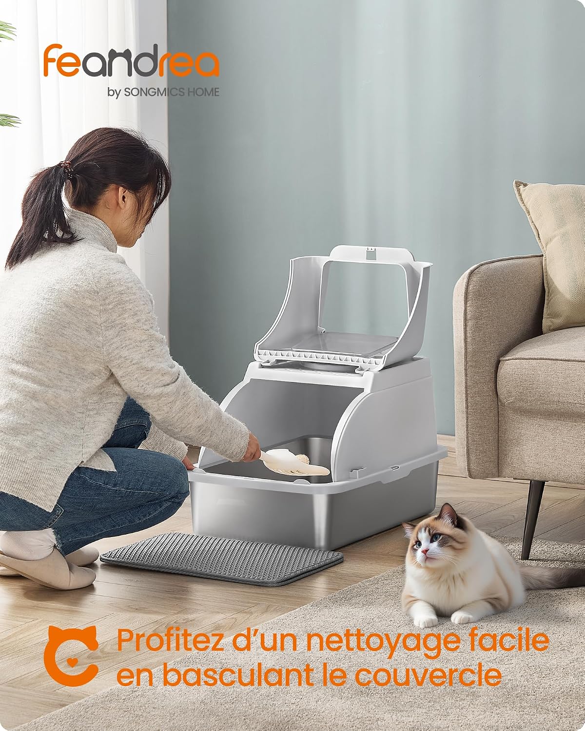Thumbnail 1 de Feandrea Bac à Litière pour Chat en Acier Inoxydable – Grand modèle avec couvercle basculant et double entrée
