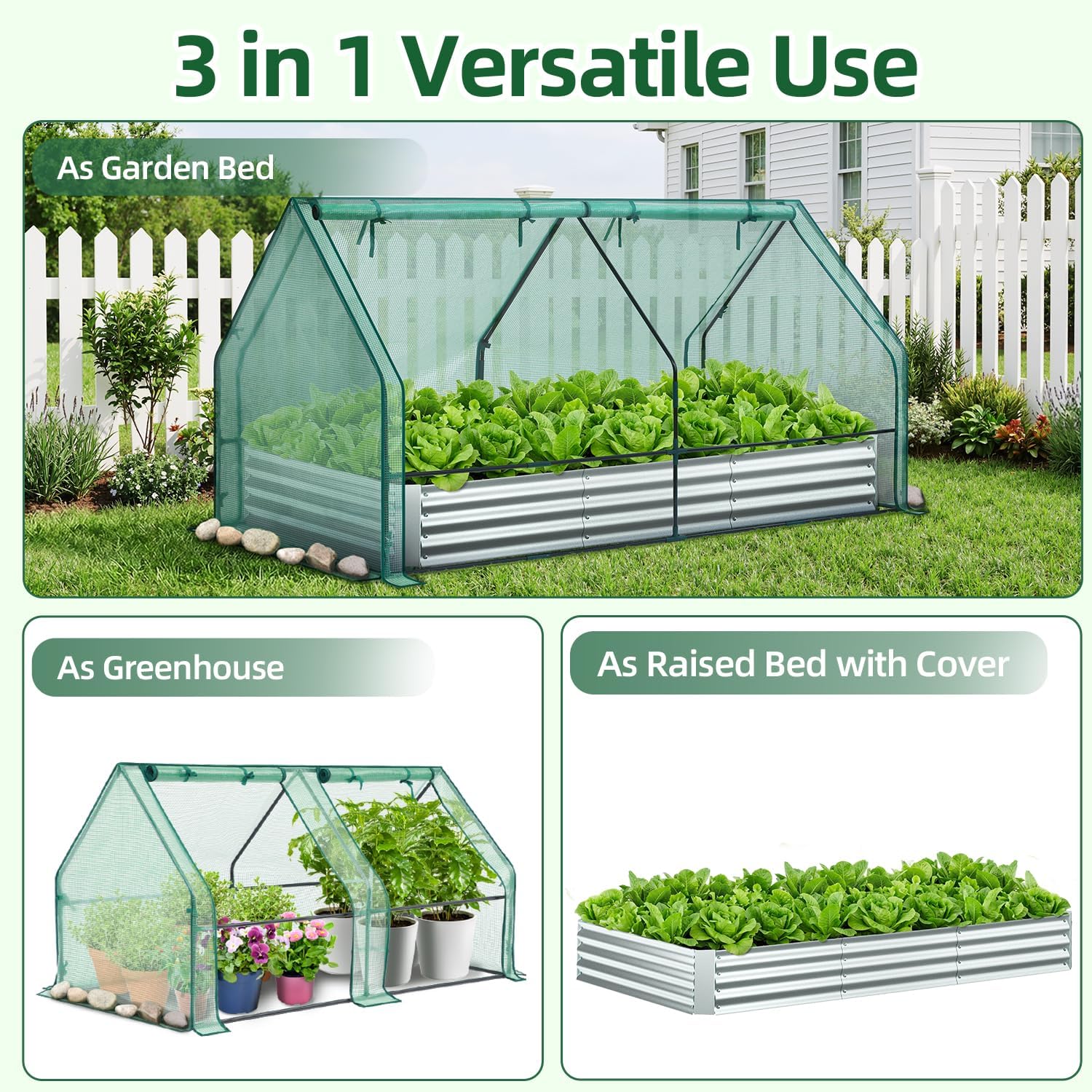 Detalle de Ohuhu GGH-20 Raised Garden Bed with Cover, Galvanized Steel, 8 × 4 × 1 ft