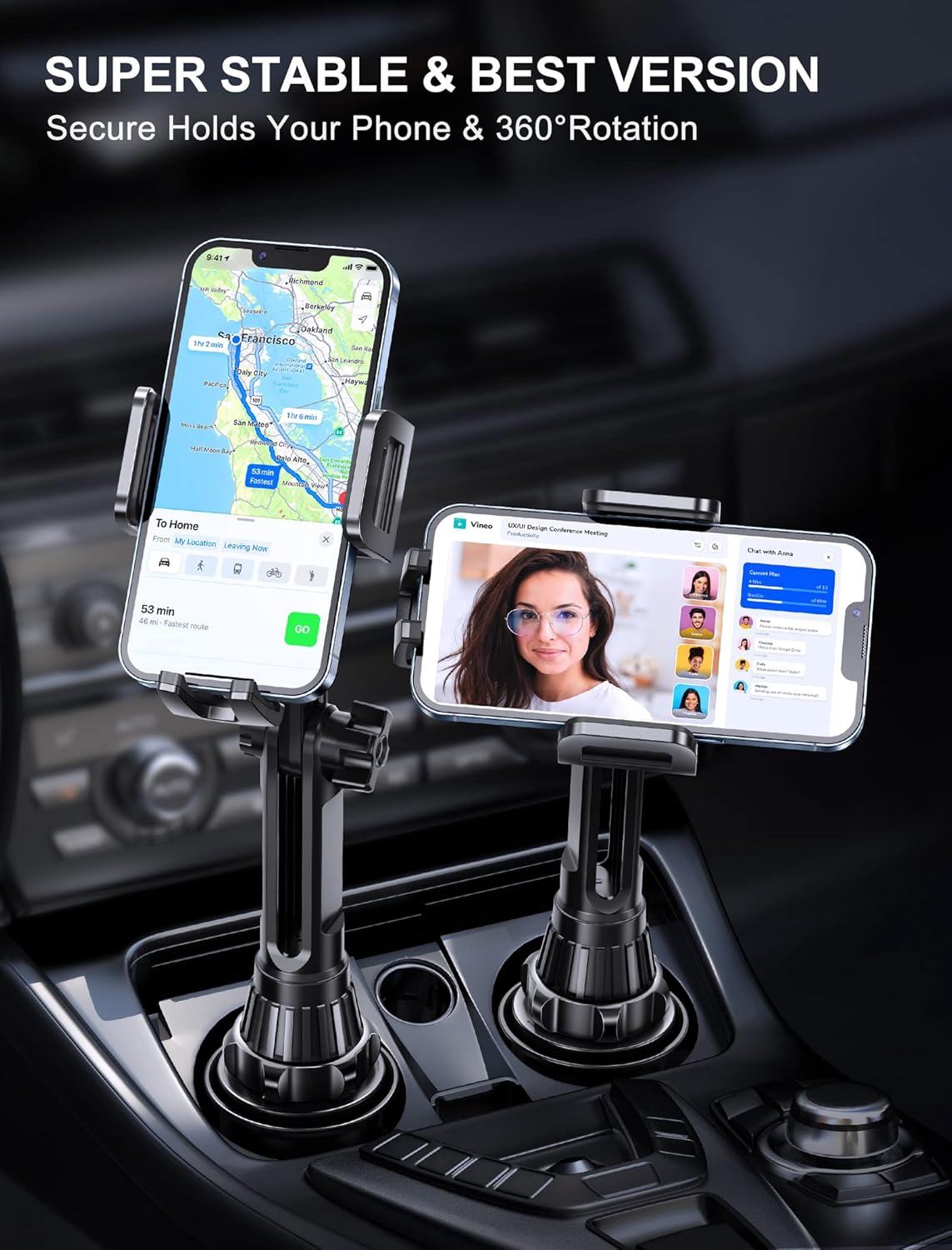 Thumbnail 6 de TOPGO Cup Holder Phone Mount (No Shaking & Height-Adjustable Pole) for Car – Black