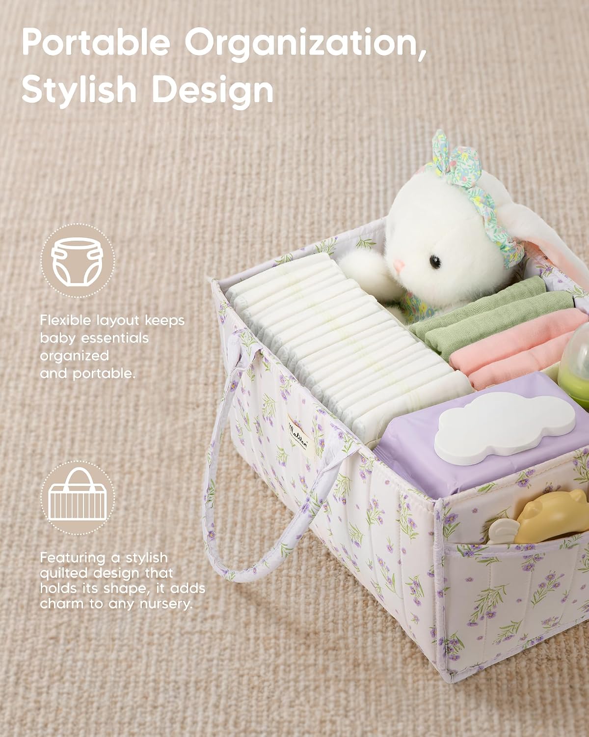 Thumbnail 4 de Maliton Nappy Caddy Organiser – Floral Baby Changing Caddy with Removable Dividers and Side Pockets