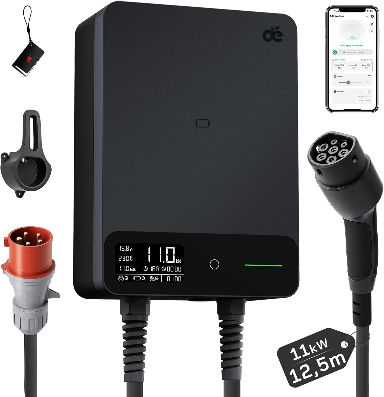 Detalle de dé Wallbox 11kW mit APP – 12,5 m Typ 2 Kabel, 3-Phasen EV-Ladegerät, IP54, RCD Typ A 30mA/6mA