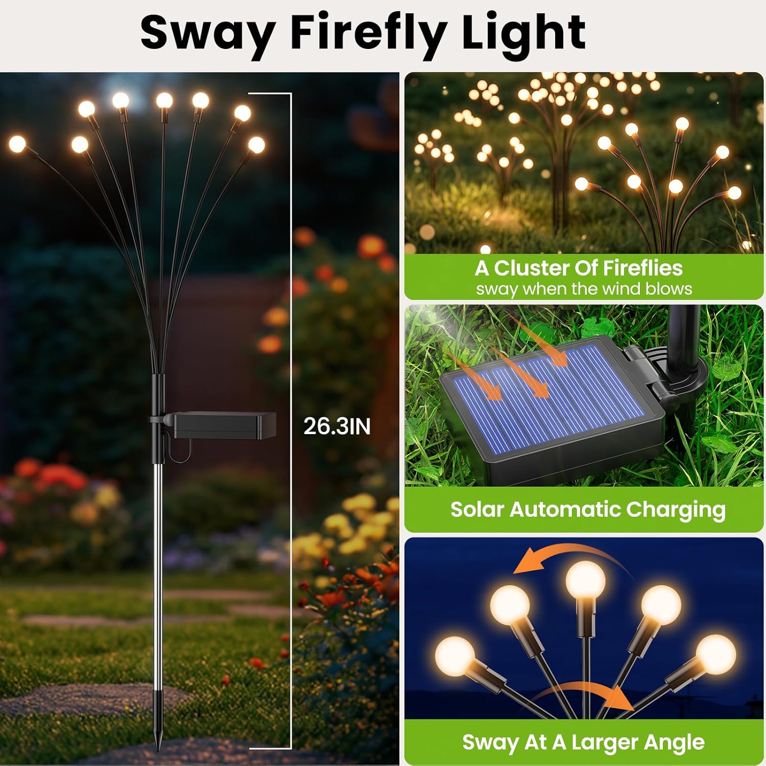 Detalle de Uzexfio Solar Lights Outdoor (4 Pack, 32 LEDs) – Wind-Swaying Firefly Garden Decor with 4 Modes