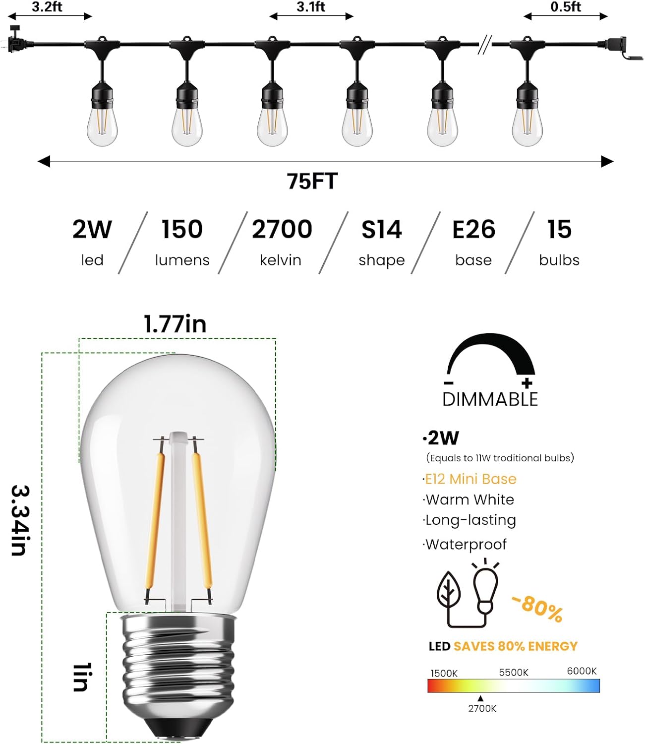 Detalle de Svater 75 FT Outdoor String Lights, 2W S14 LEDs, Dimmable, IP65