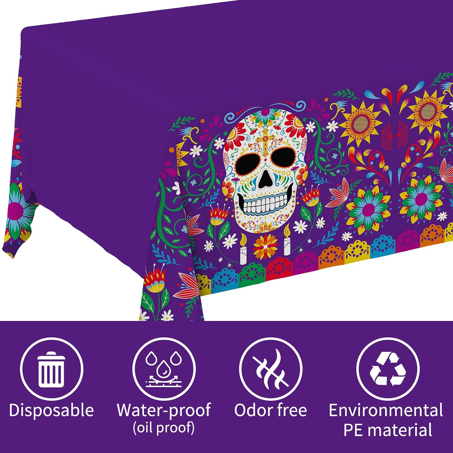Detalle 2 de Gatherfun Day of the Dead Plastic Tablecloth, 54 x 108 Inches, 3-Pack