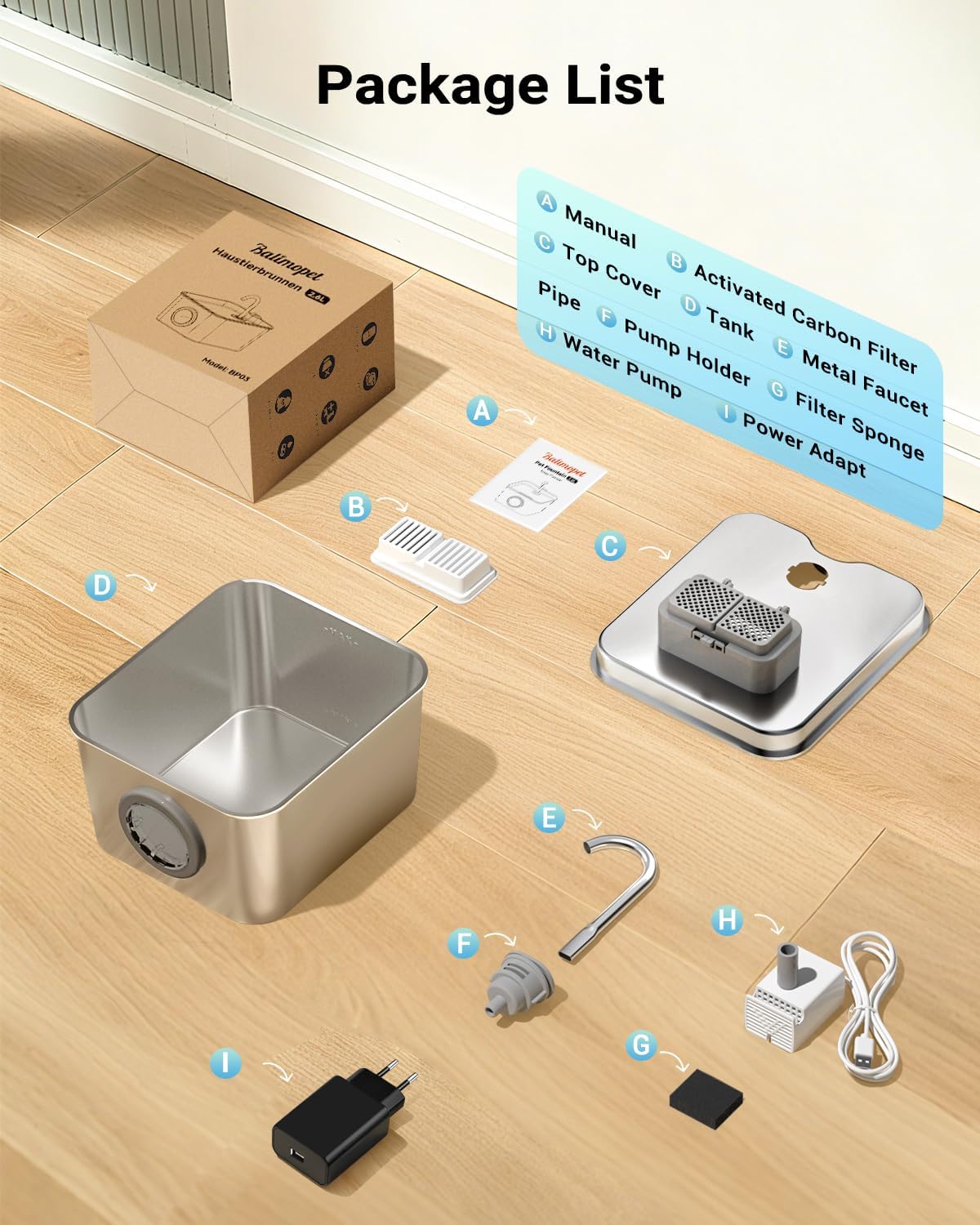 Thumbnail 6 de BalimoPet Katzenbrunnen aus Edelstahl mit 2,6-l-Wasserbehälter, LED und Aktivkohlefilter