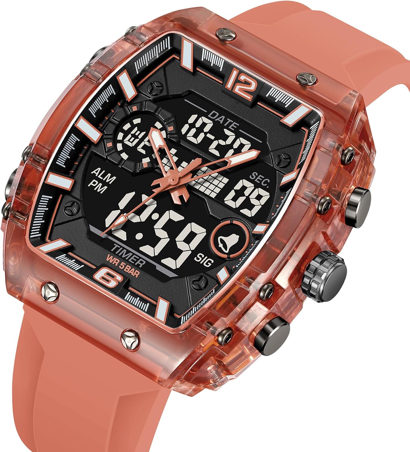 Detalle 2 de findtime Herren Uhr – Tonneau/Rectangle Stylische Armbanduhr mit Alarm, Stoppuhr, Kalender und Dualzeit